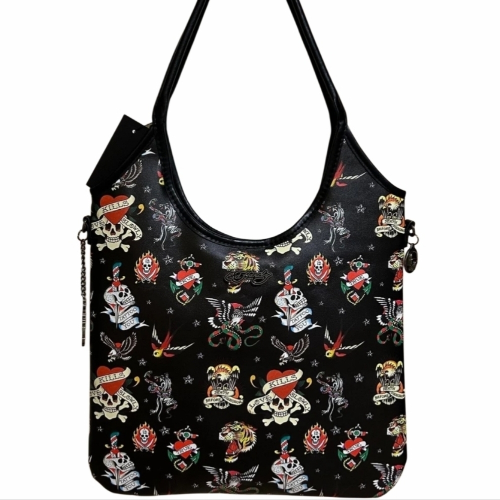 NEW! ED HARDY Love Kills Tattoo Print Y2K Shoulder Tote Purse Bag.